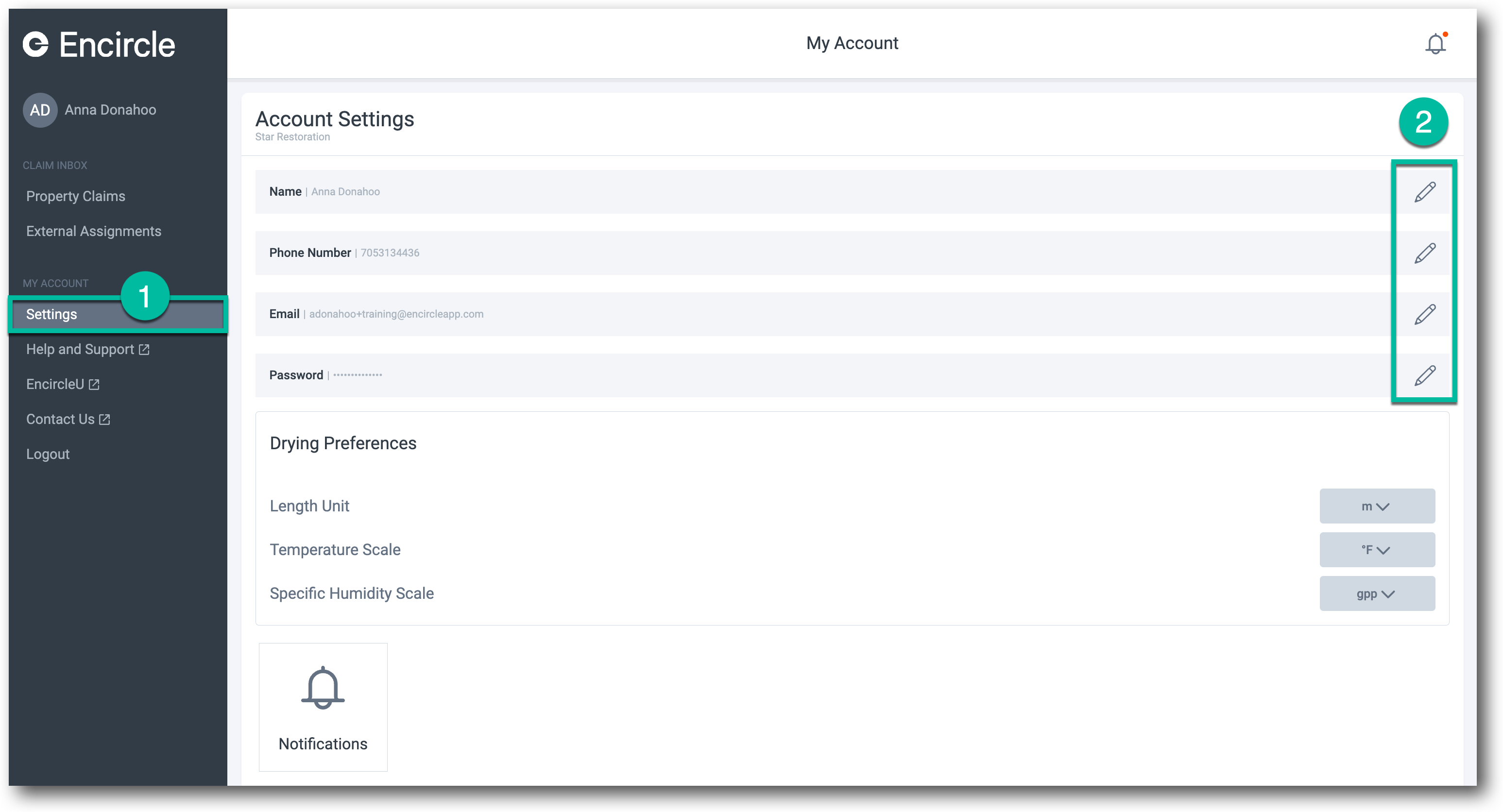 Editing your user account settings web app encircle